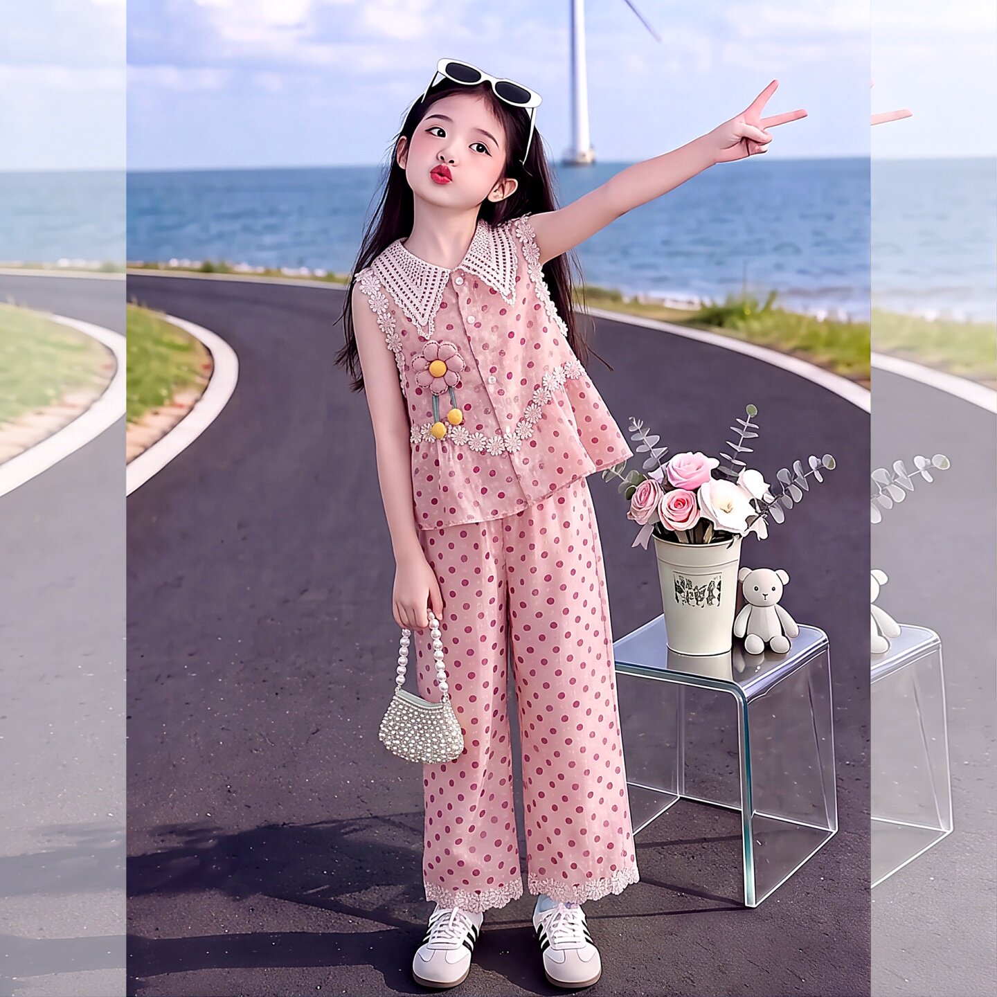 女童花朵娃娃衫九分裤套装2026新