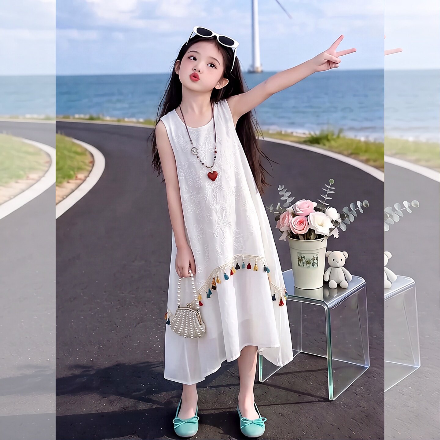 民族风裙连衣裙~女童夏装2026新款白色公主裙女孩夏季薄款裙子