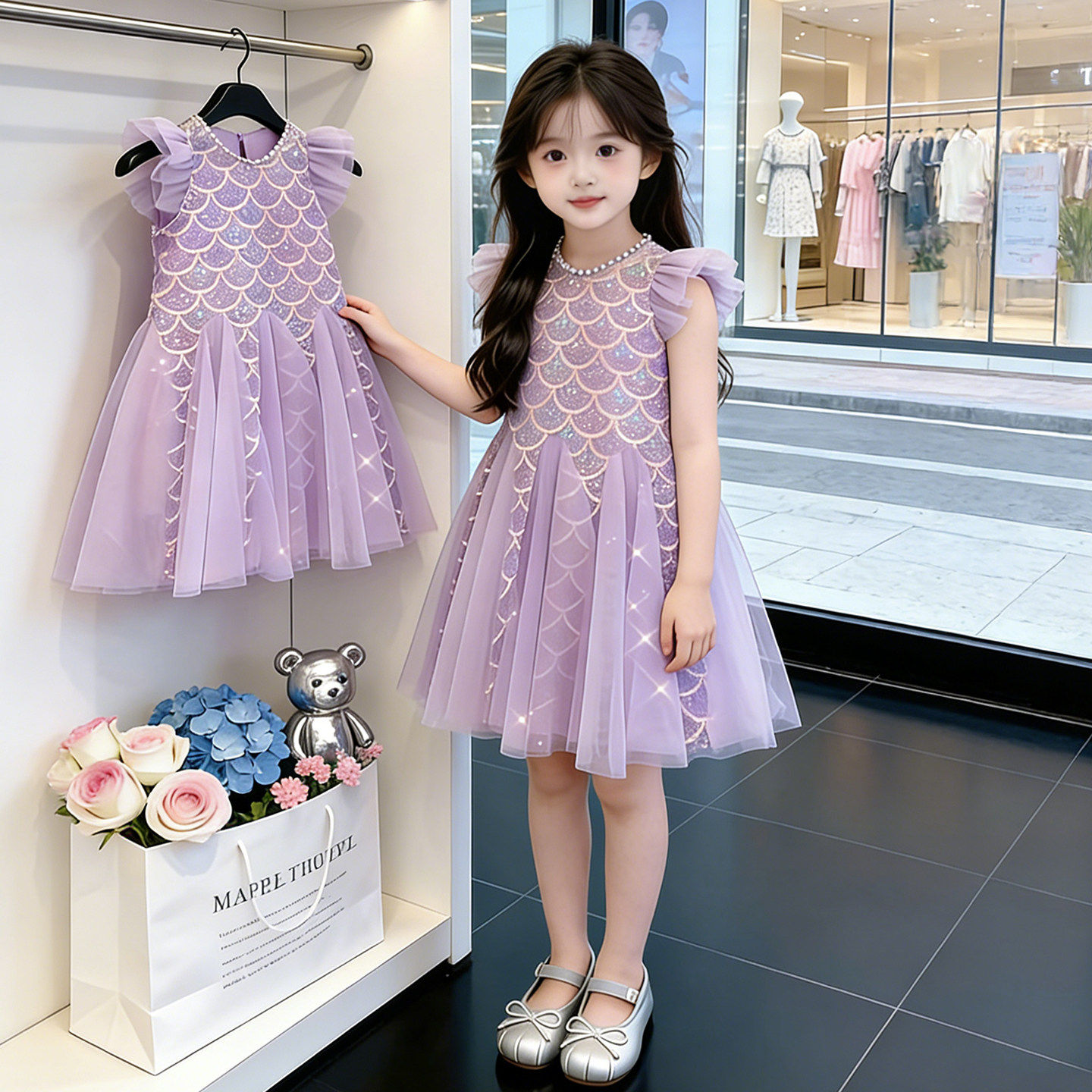 女童夏季美人鱼连衣裙2026新款可爱亮片网纱鱼尾裙甜美女宝公主裙