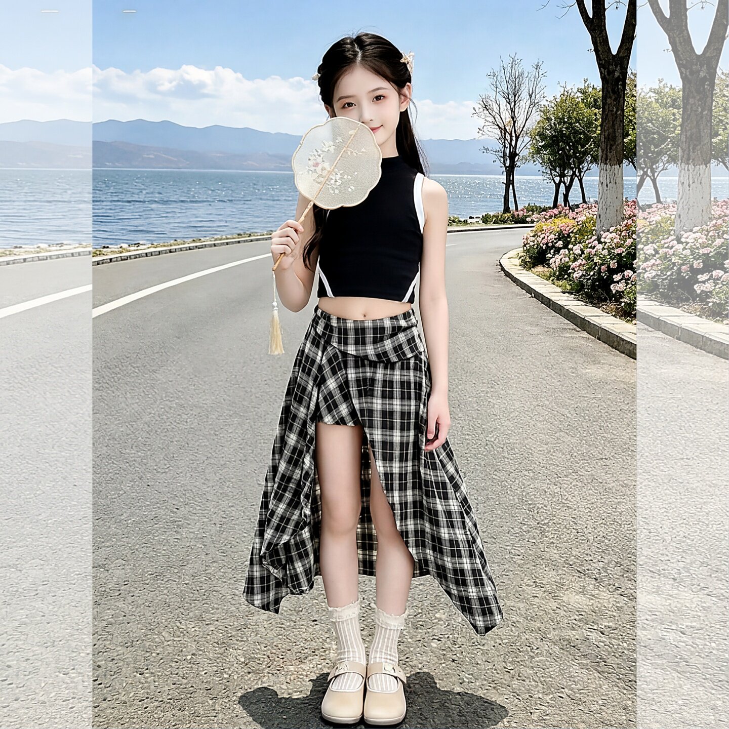 女童夏季新款格子裙裤套装洋气辣