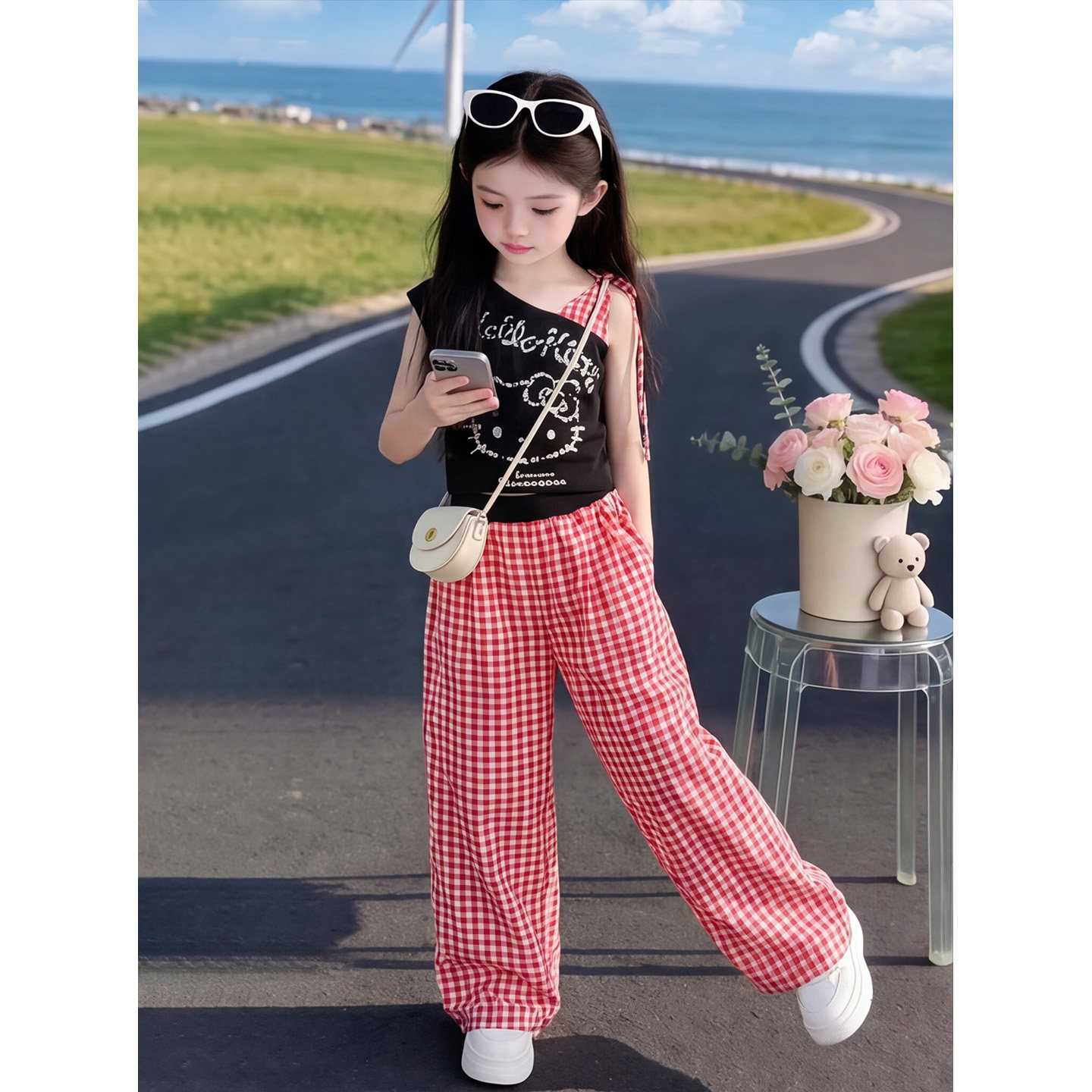 女童斜肩套装2026儿童夏季无袖