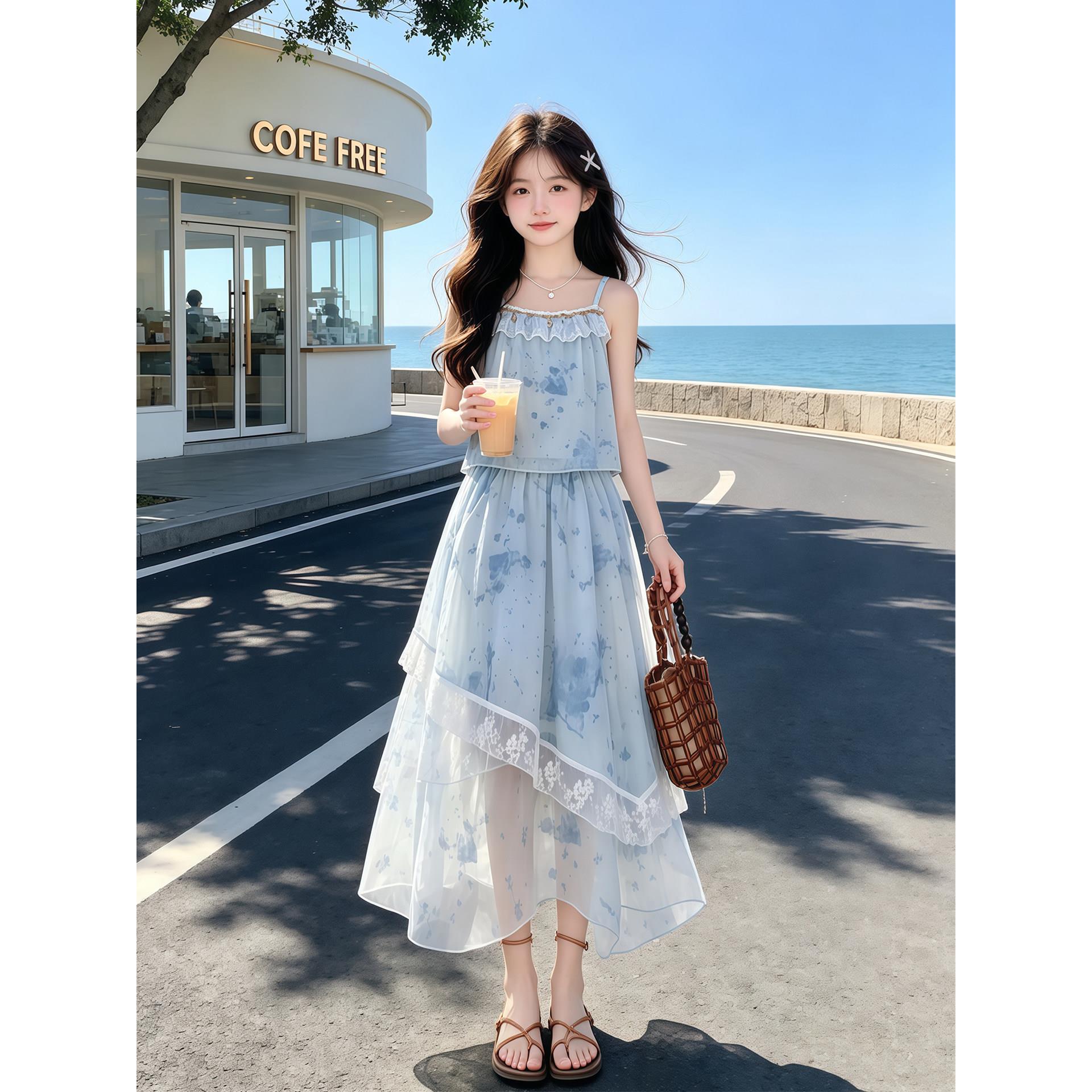 女童夏季连衣裙2026新款儿童洋气沙滩裙子女孩吊带半身裙套装