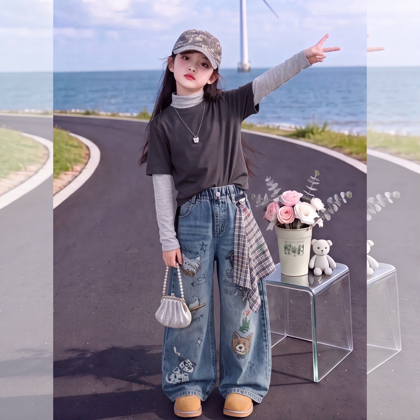 韩系女童涂鸦阔腿牛仔裤秋季2026