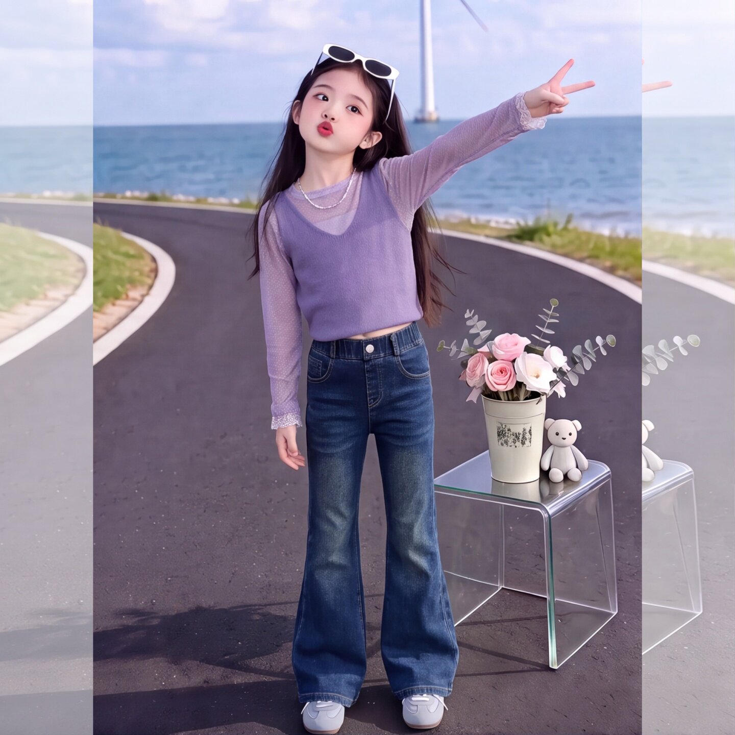 儿童新款韩版修身牛仔喇叭裤女童