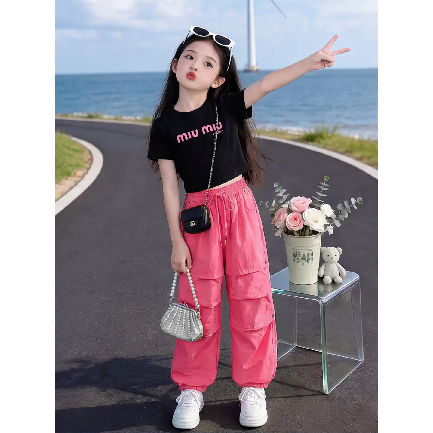 女童夏短袖T恤休闲工装裤两件套