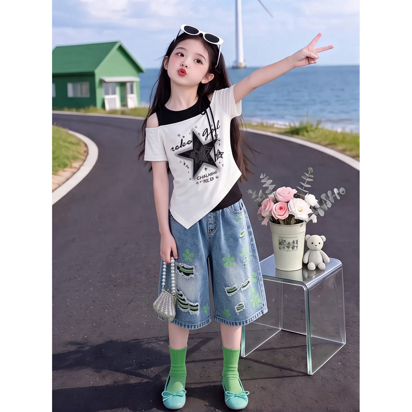 女童短袖短裤套装夏季新款辣妹斜