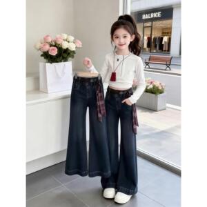 女童裤子春装2026新款儿童春季微喇牛仔裤女大童韩版直筒裤春秋款