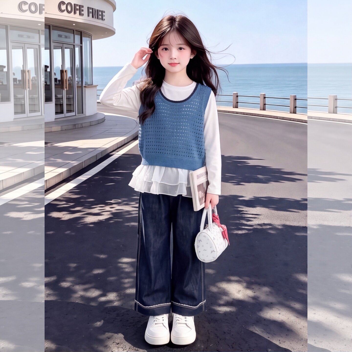 女童森系三件套春秋新款镂空针织