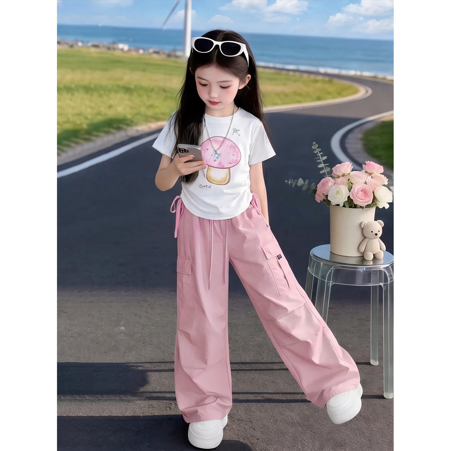 女童弯刀裤套装夏季2026新款卡通