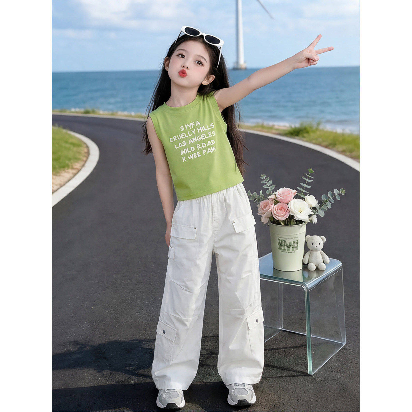 女童工装裤套装夏季薄款休闲时髦洋气女大童夏天背心夏装儿童衣服
