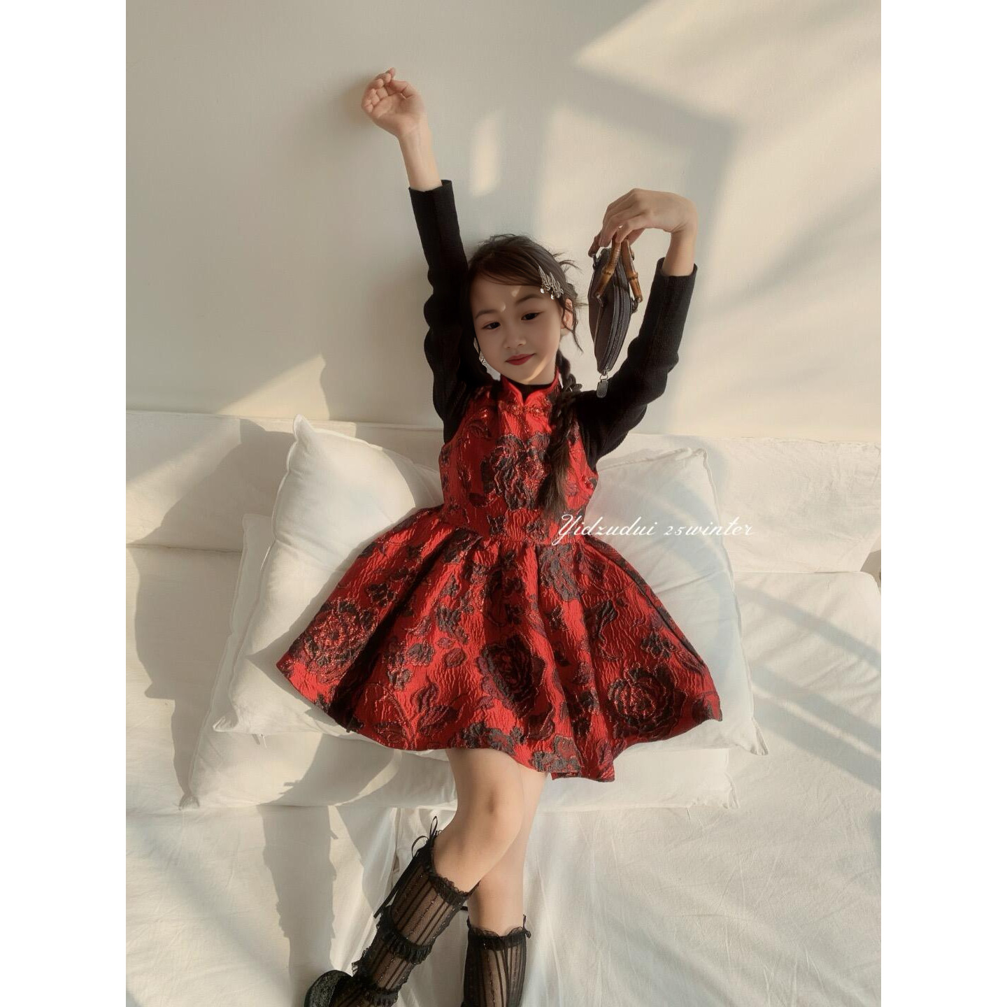 女童秋装2026新款儿童套装红色新中式提花公主裙子生日礼服蓬蓬裙
