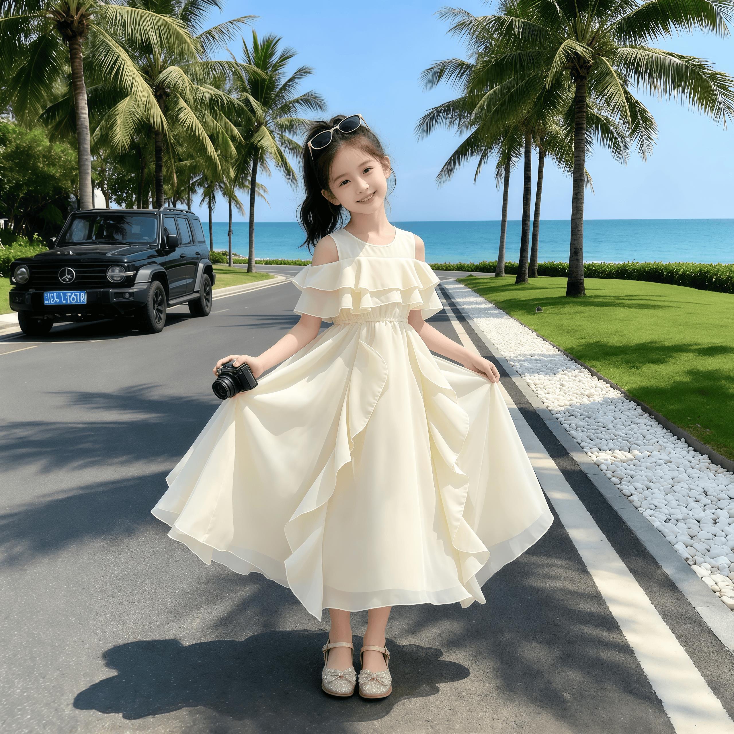 女大童夏季连衣裙2026新款中大童甜美洋气海边沙滩露肩雪纺公主裙