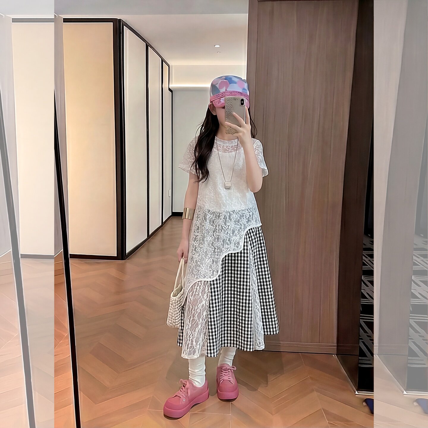 女童夏季蕾丝罩衫格子裤三件套