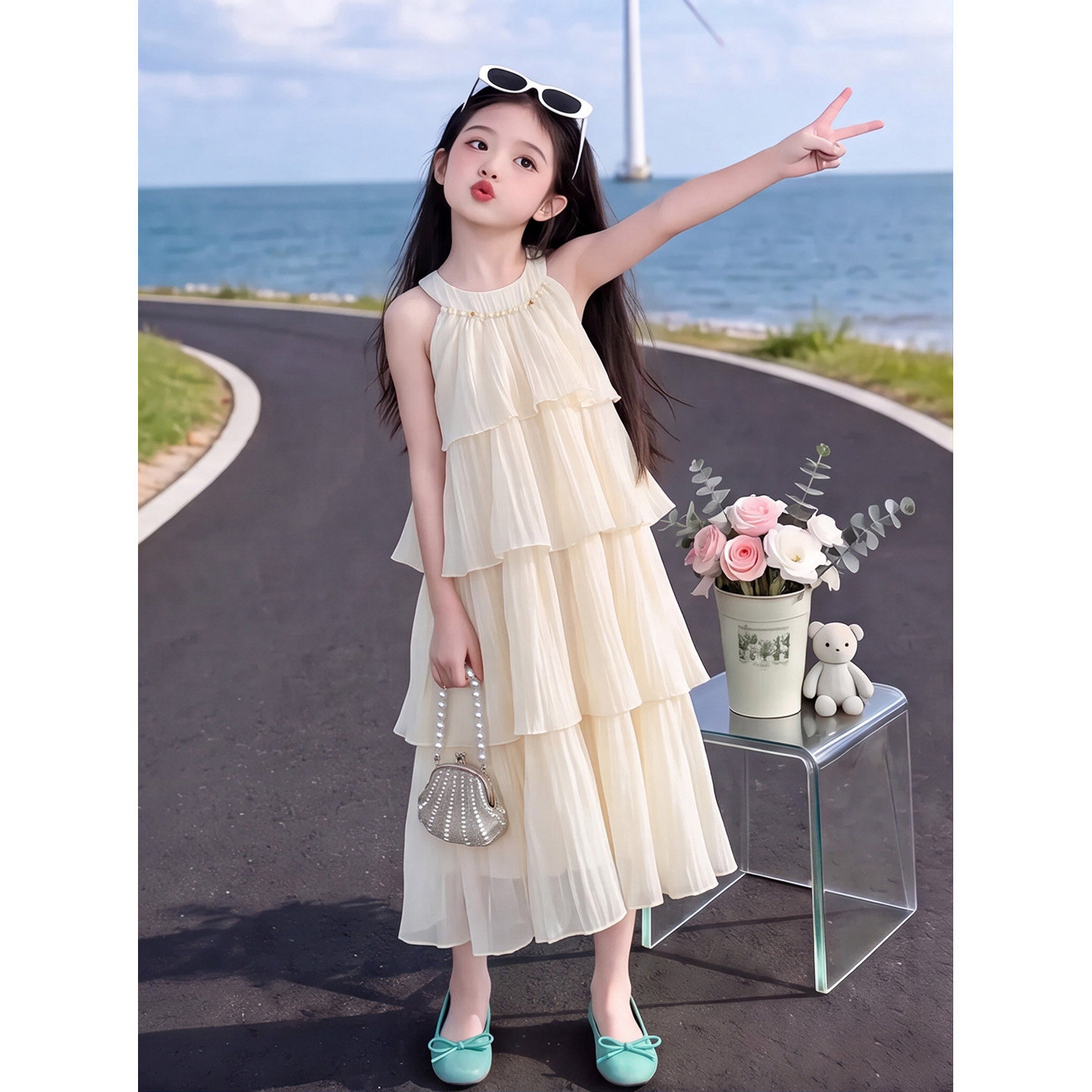 女童夏季无袖挂脖连衣裙2026新款