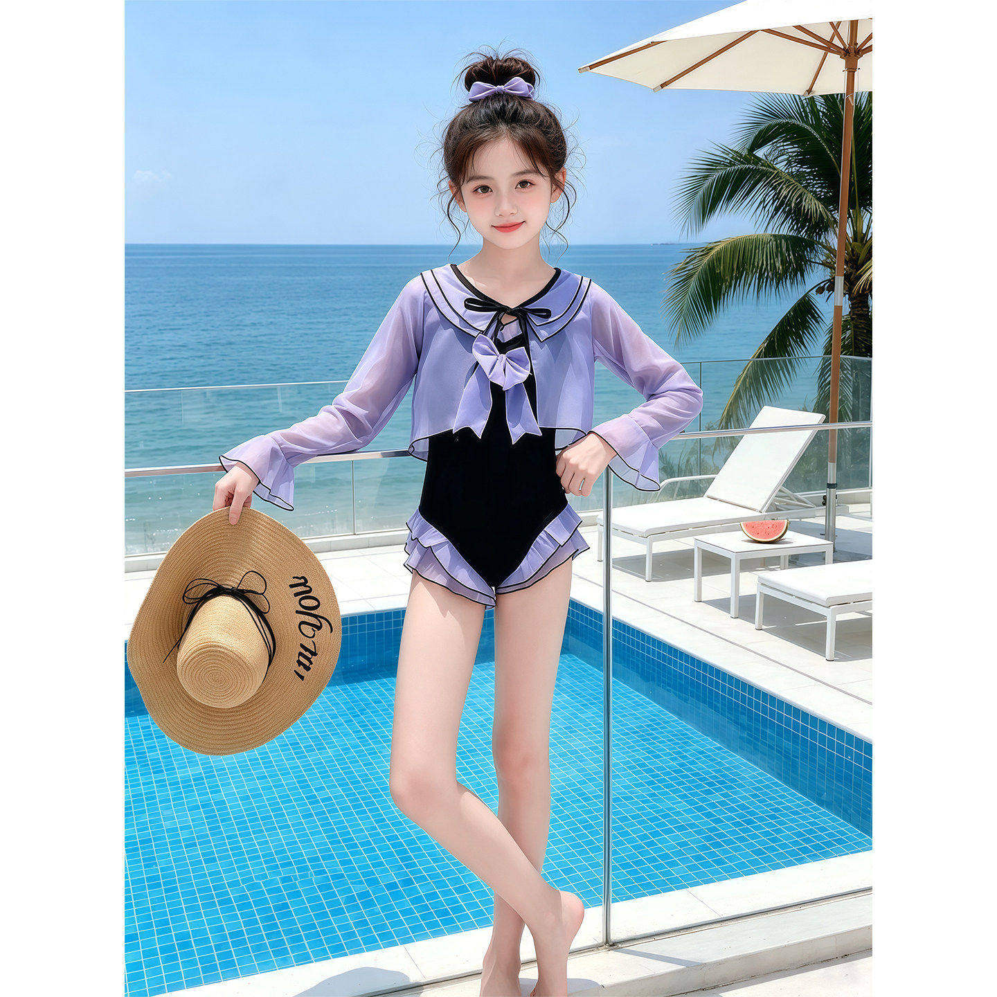 夏季新款连身泳衣2026新款中大童荷叶边少女度假泡温泉两件套泳装