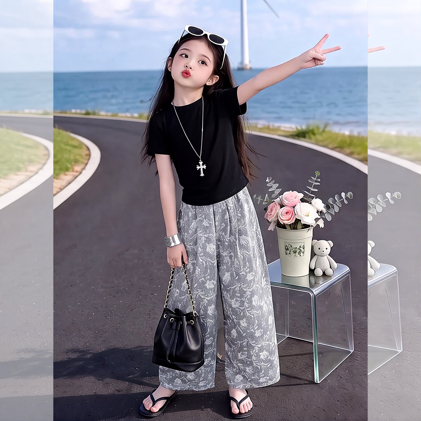 韩系印花阔腿裤女童2026夏季新款