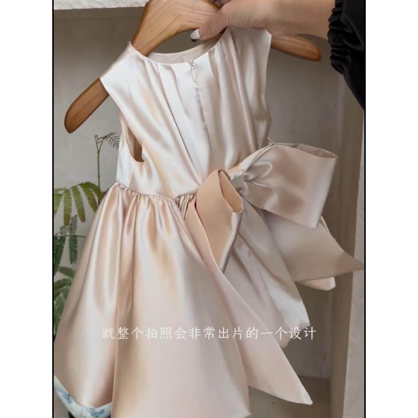 女童公主裙背心裙春夏儿童百天周岁礼服蝴蝶结花苞裙香槟色连衣裙