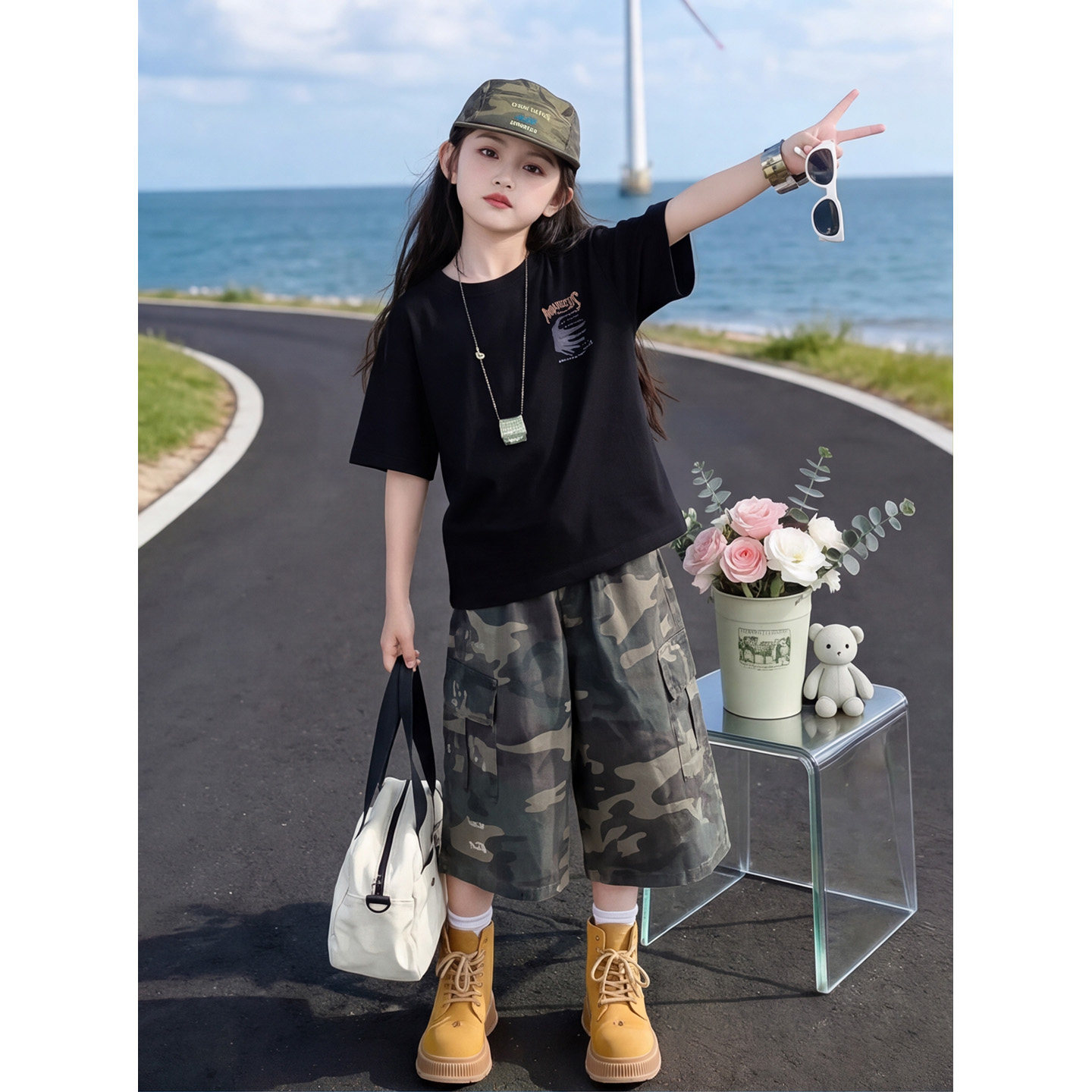 女童美式迷彩工装短裤套装夏季