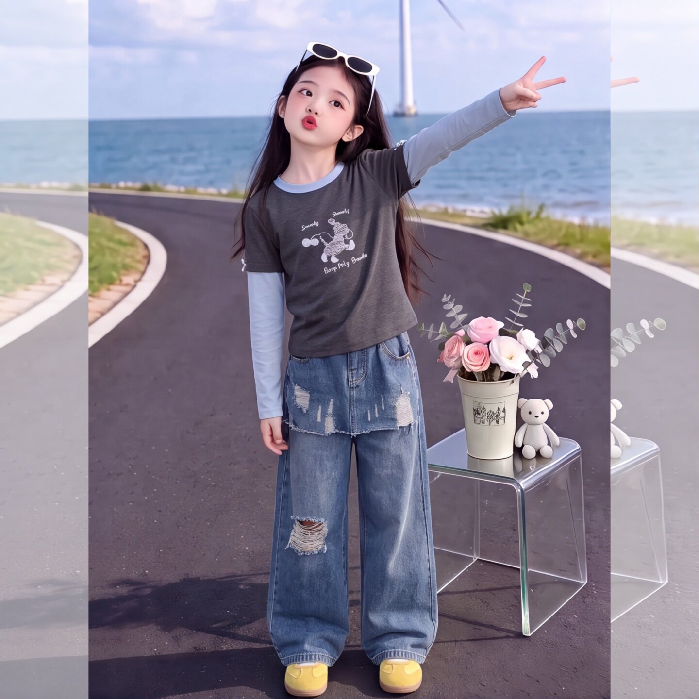女童韩系假两件上衣套装早秋款20