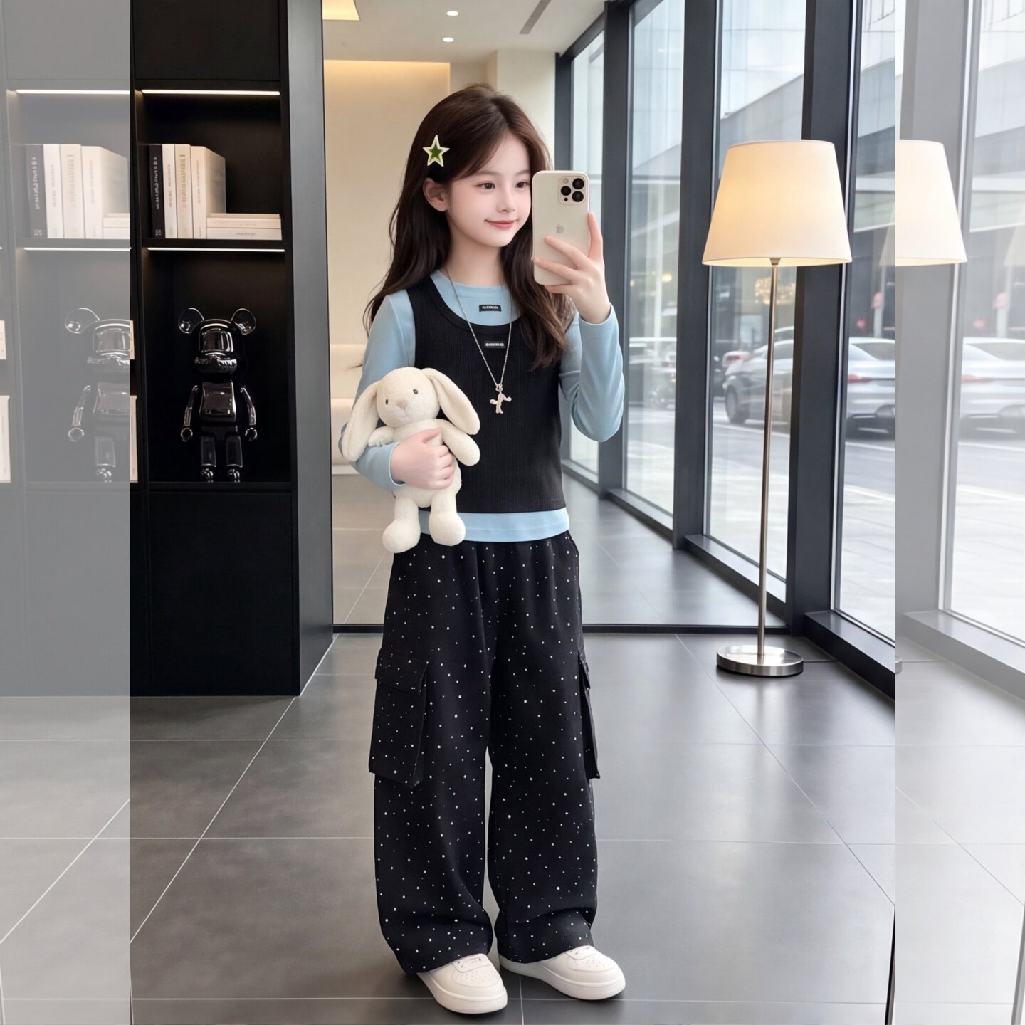 女童秋季假两件卫衣工装裤套装