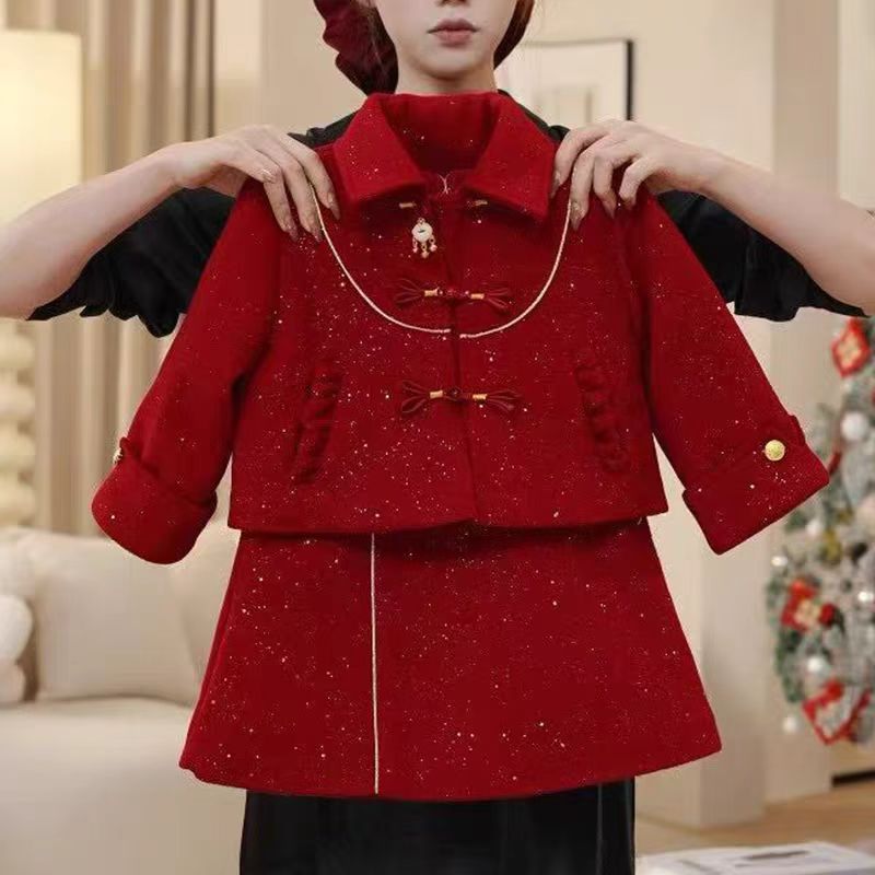 女童中式红色拜年服新款2026儿童夹棉加厚外套马甲裙两件套冬装潮
