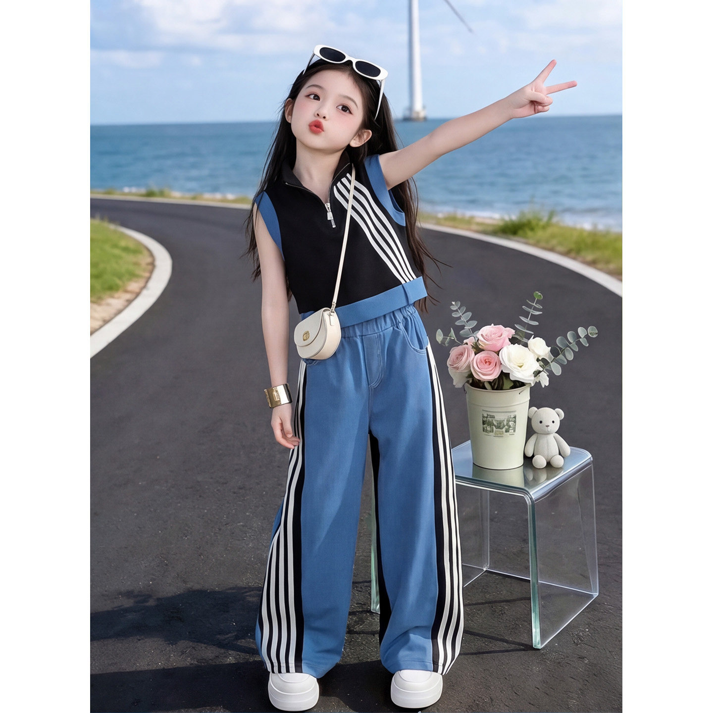 欧美风洋气运动套装女童夏季无袖