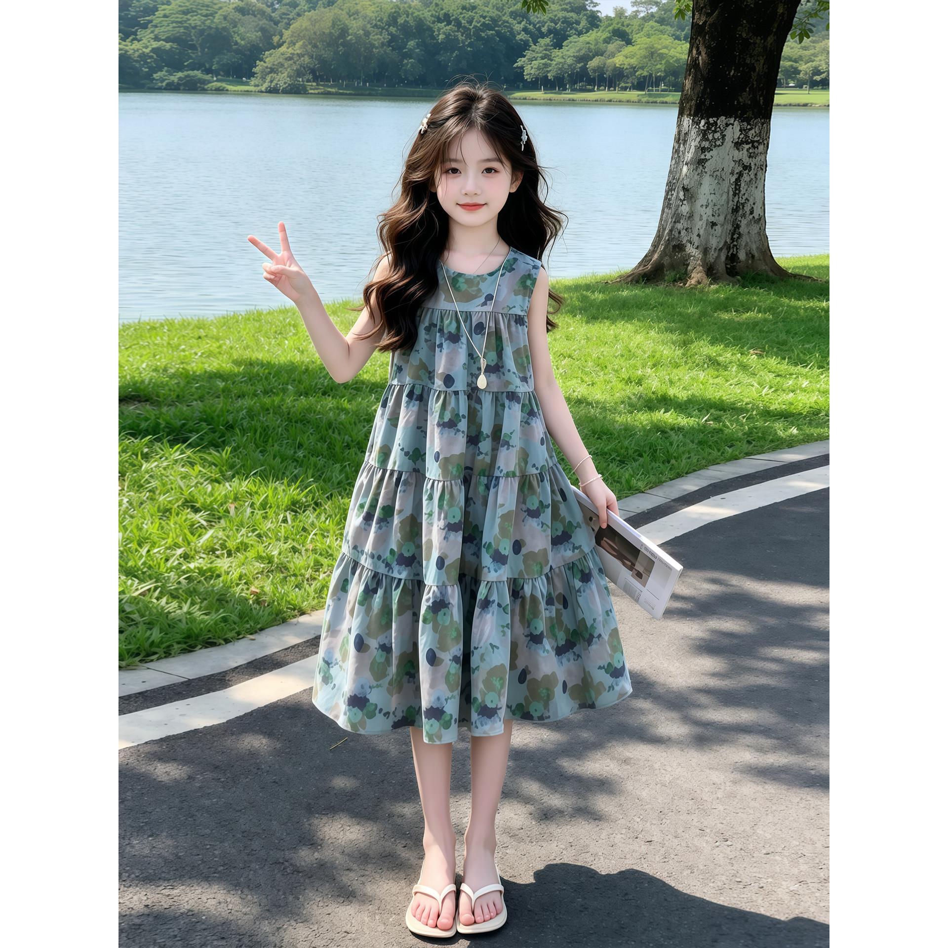 女童夏季碎花连衣裙2026新款儿童洋气无袖蛋糕裙女孩夏款森系裙子
