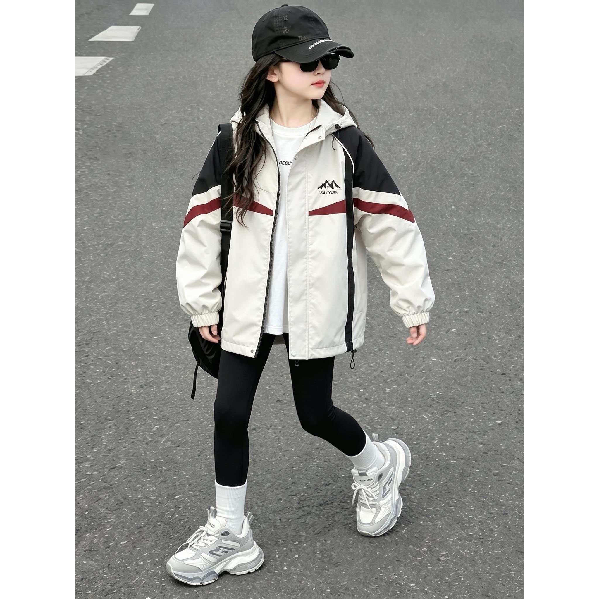 女童防风冲锋衣外套秋装2026新款儿童洋气大童女孩春秋款拼色风衣