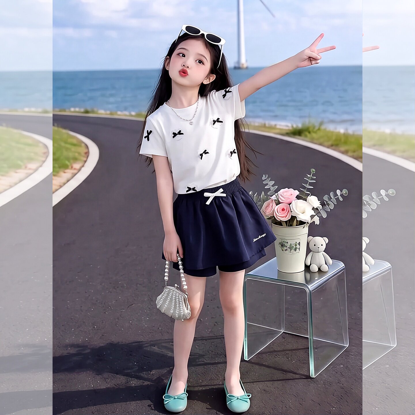 女童夏季蝴蝶结短袖套装2026新款