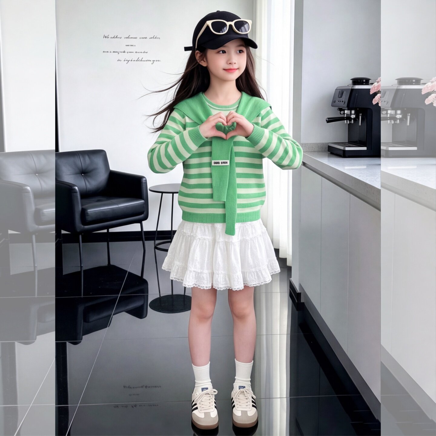 女童披肩条纹针织衫蕾丝百褶裙套装秋季2026新款学院风甜美T恤潮