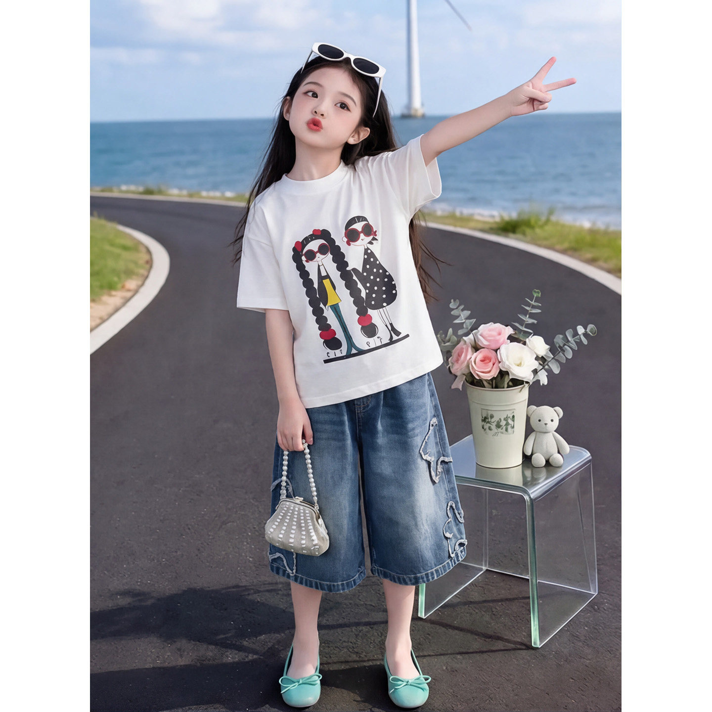 女童夏装印花短袖T恤牛仔短裤套