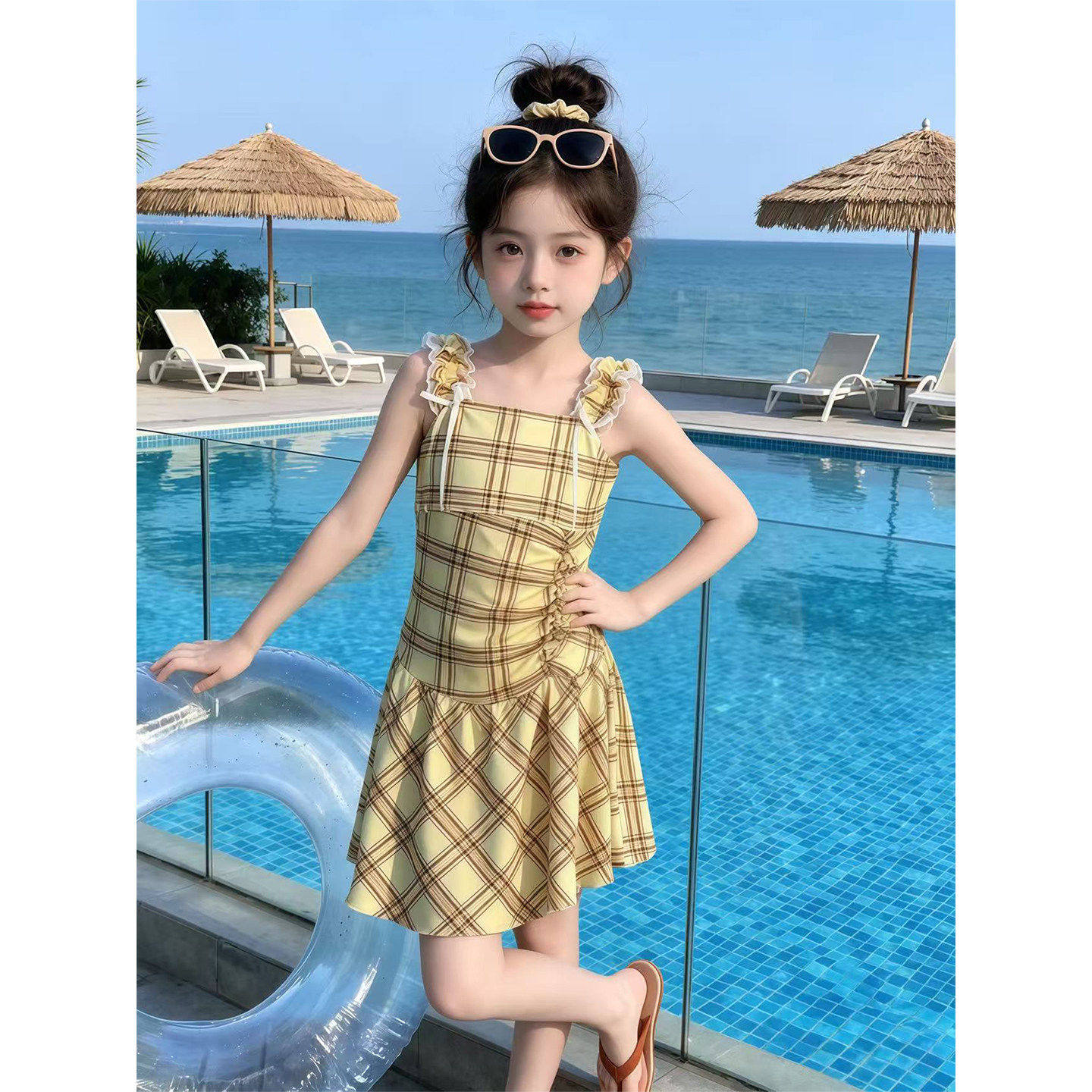 女童夏季连身泳衣2026新款中大童夏日休闲格子抽绳花边吊带泳装潮