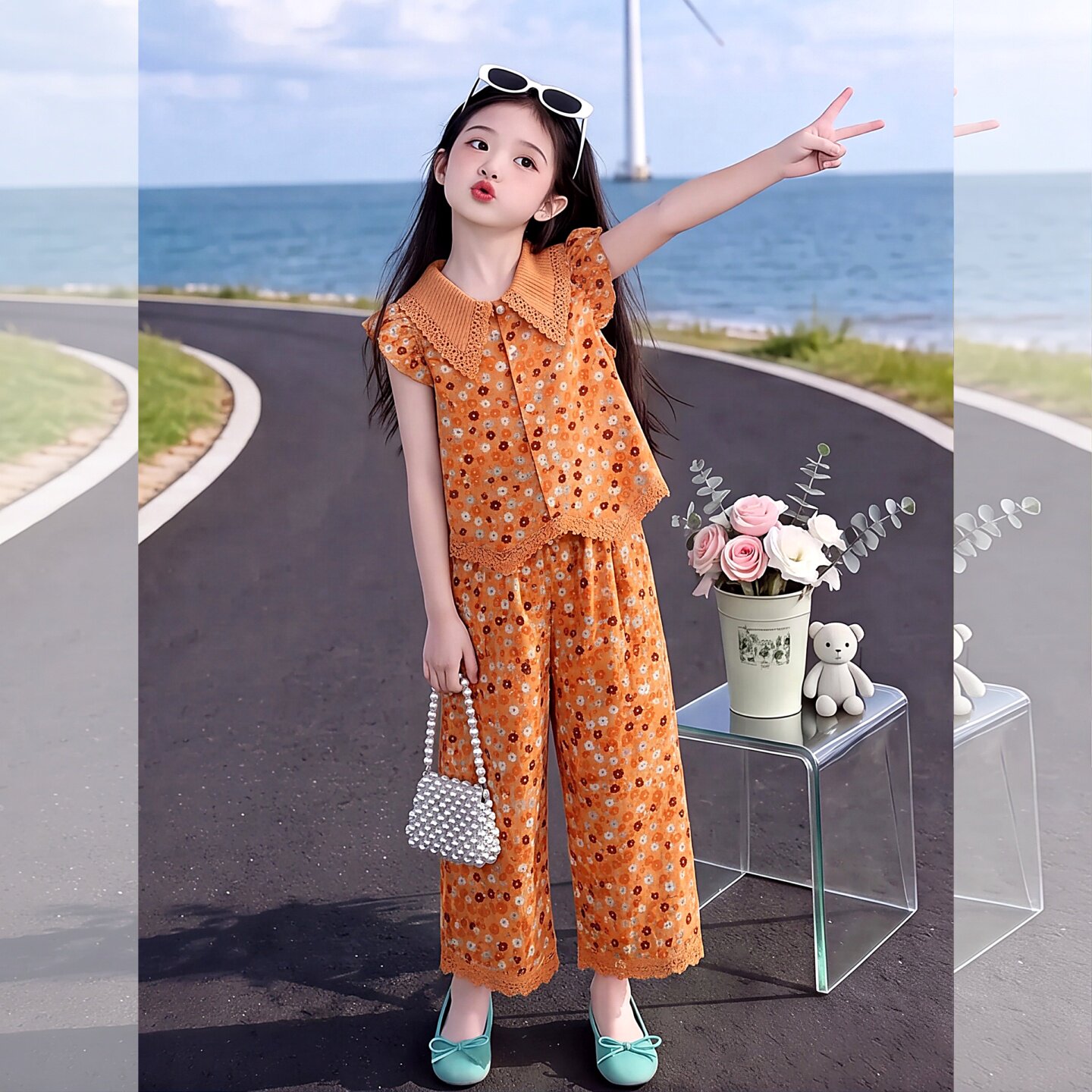 女童碎花娃娃衫阔腿裙裤套装2026