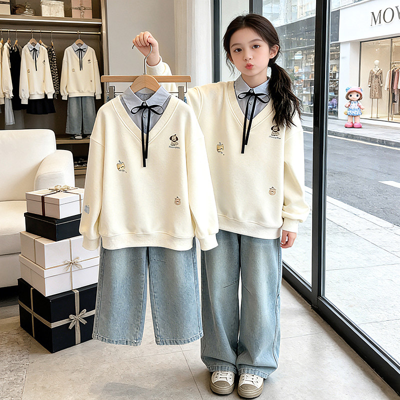 女童洋气套装春秋2026新款儿童休闲春装卫衣大童时髦牛仔裤两件套