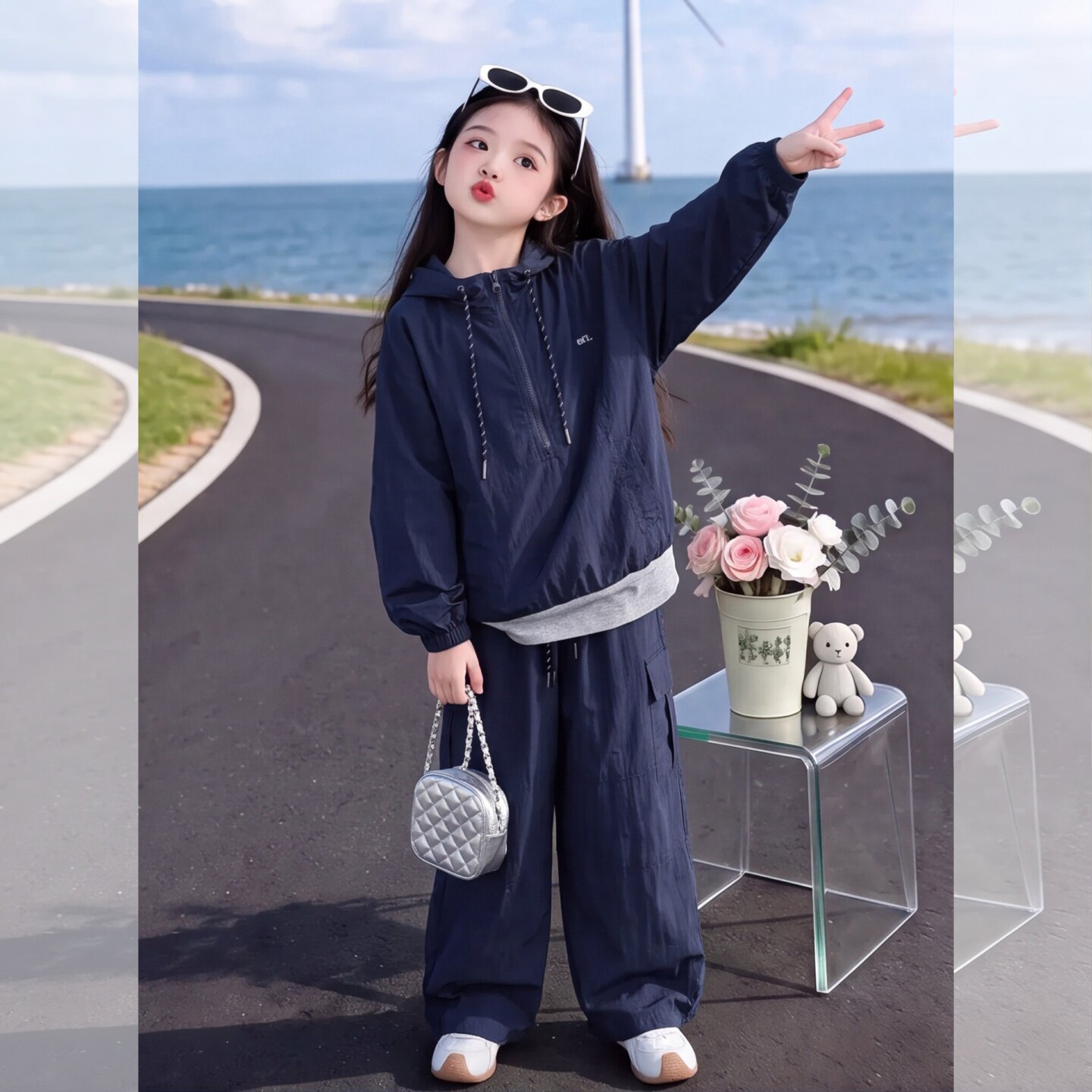女童棉布连帽卫衣工装裤套装2026