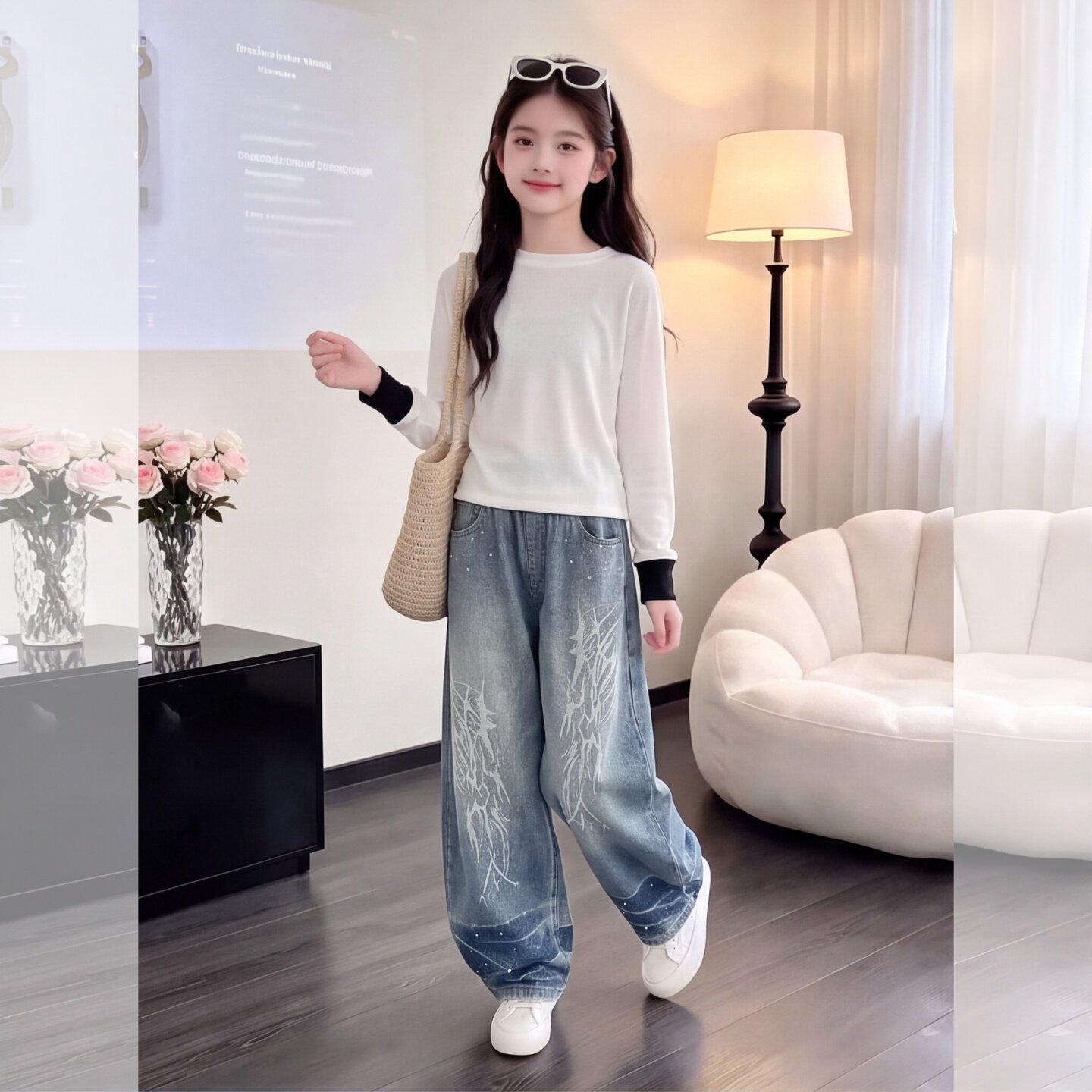 女童牛仔裤2026新款秋装韩版刺绣
