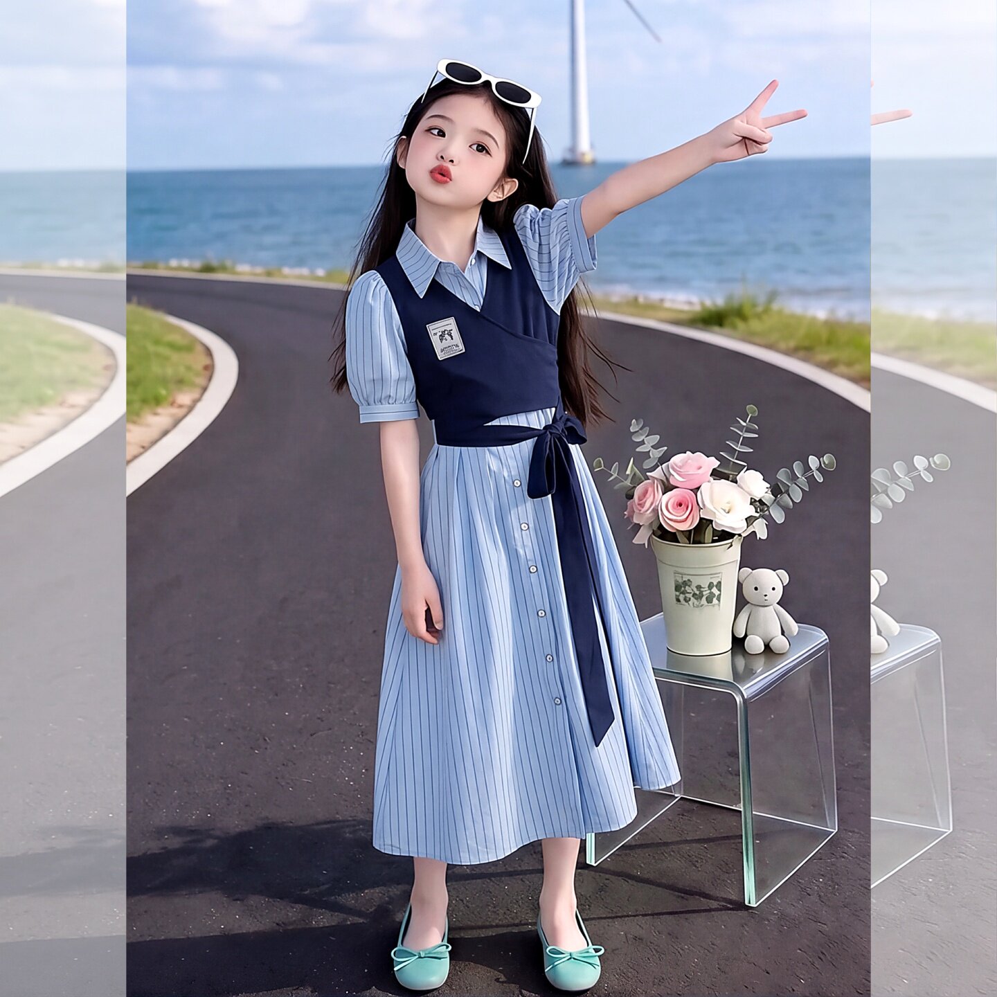 马甲翻领夏季学院风假两件连衣裙
