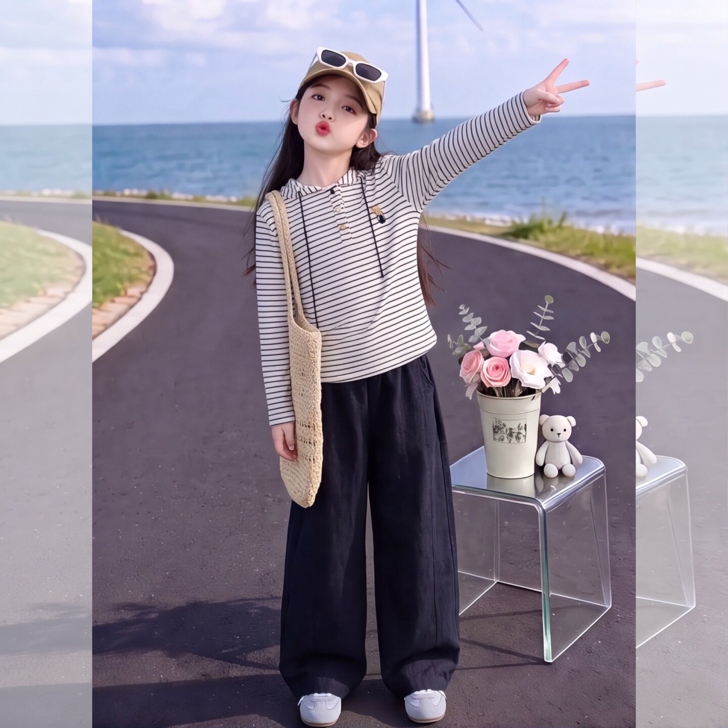女童条纹连帽长袖T恤春装2026新4