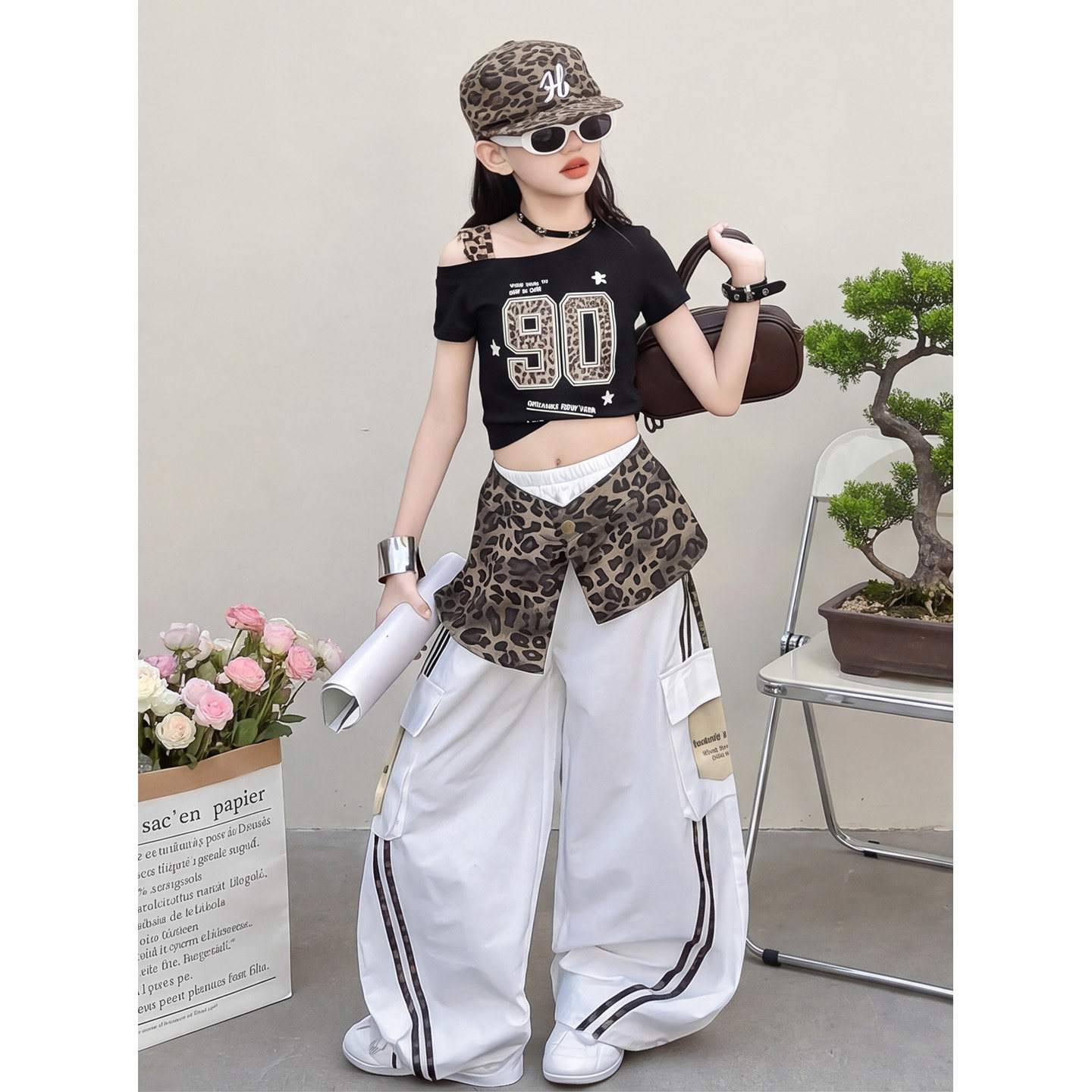 女童套装夏季新款爵士街舞服豹纹