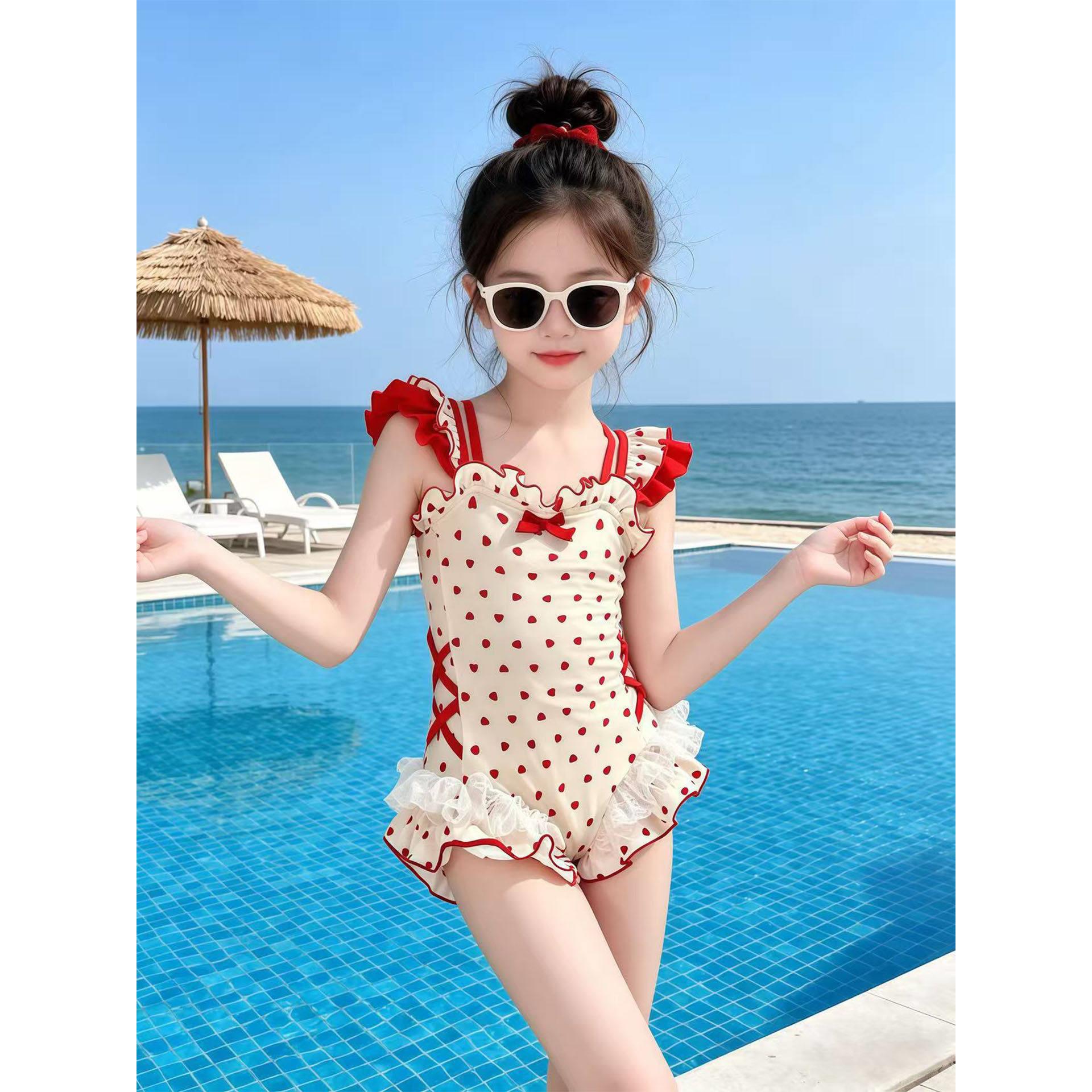 小女孩绝美泳装夏款洋气蝴蝶结甜美爱心时髦速干泳衣连体飞袖泳装