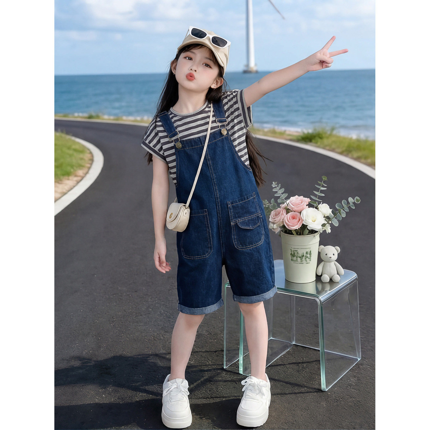 女童夏条纹短袖牛仔短裤两件套潮