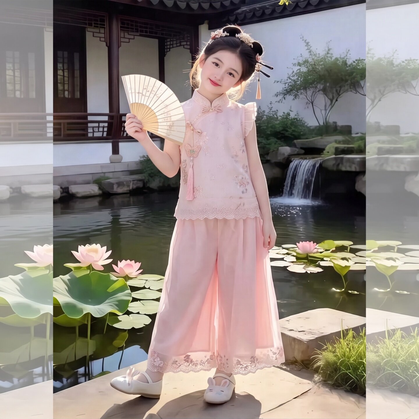 女童夏新中式飞飞袖阔腿裤两件套