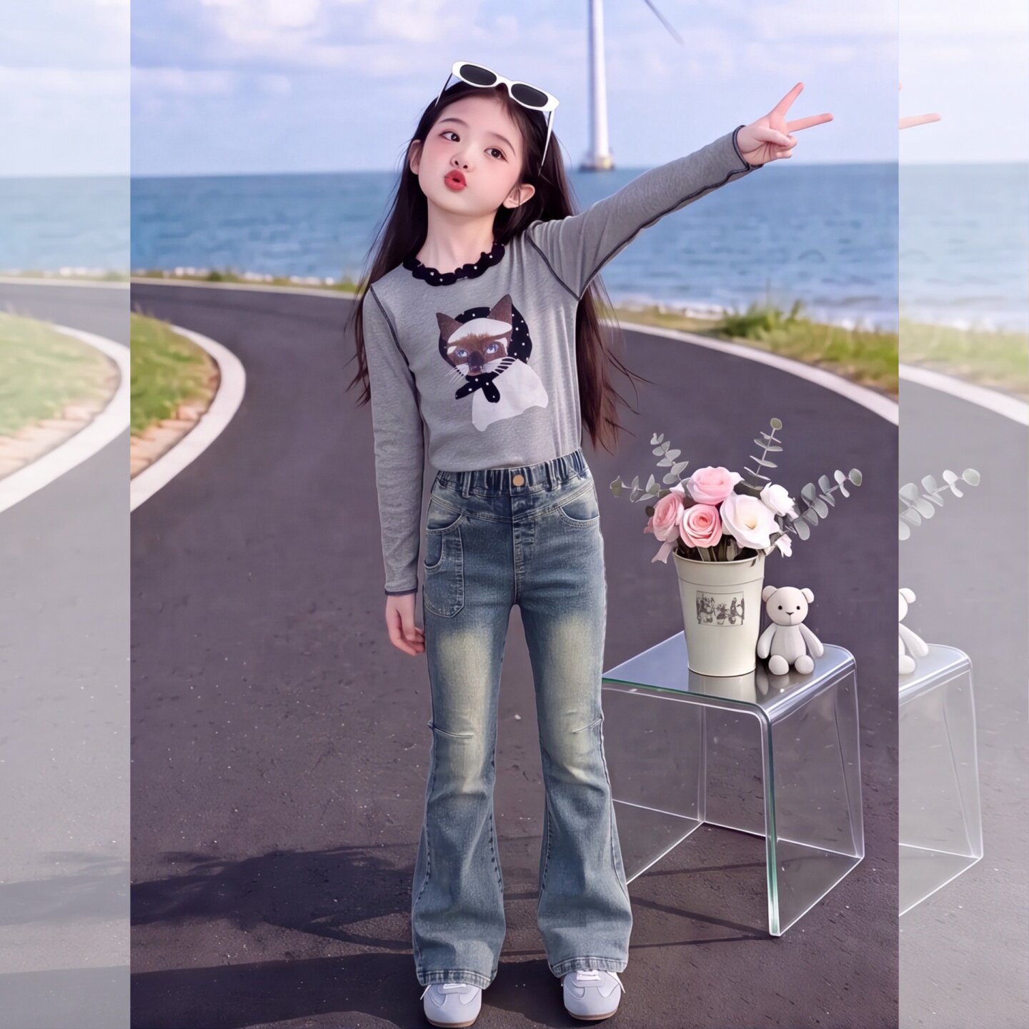 女童牛仔裤休闲打底衫套装2026秋