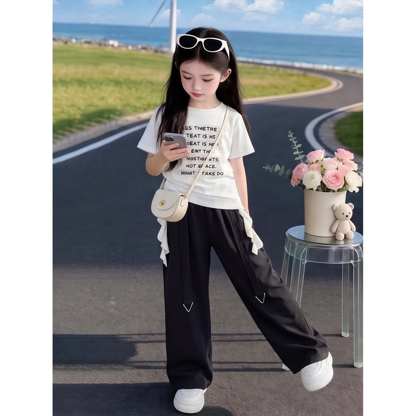 女童巨好看短袖套装2026新款女大童韩系露肩T恤儿童黑色休闲裤潮t