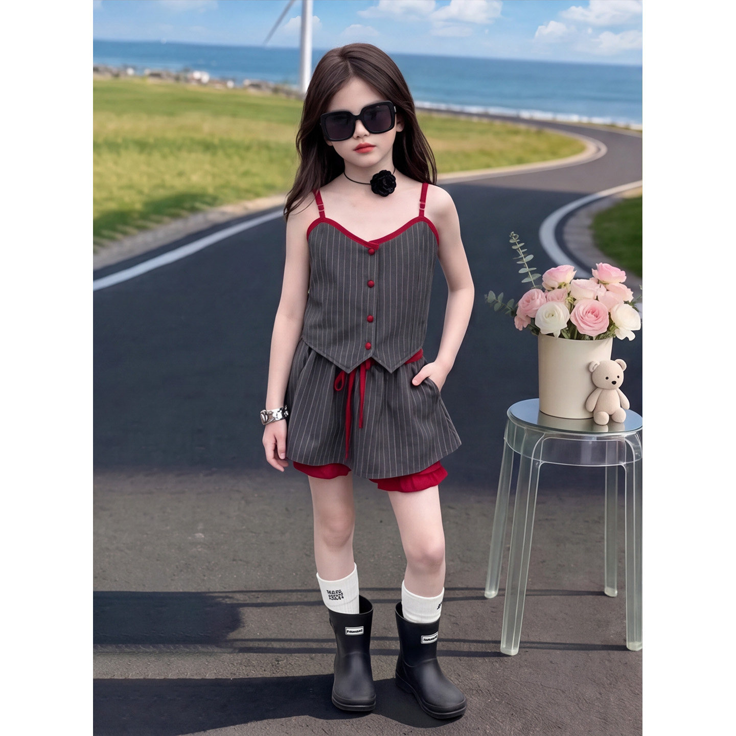 女童套装夏季儿童条纹吊带两件套