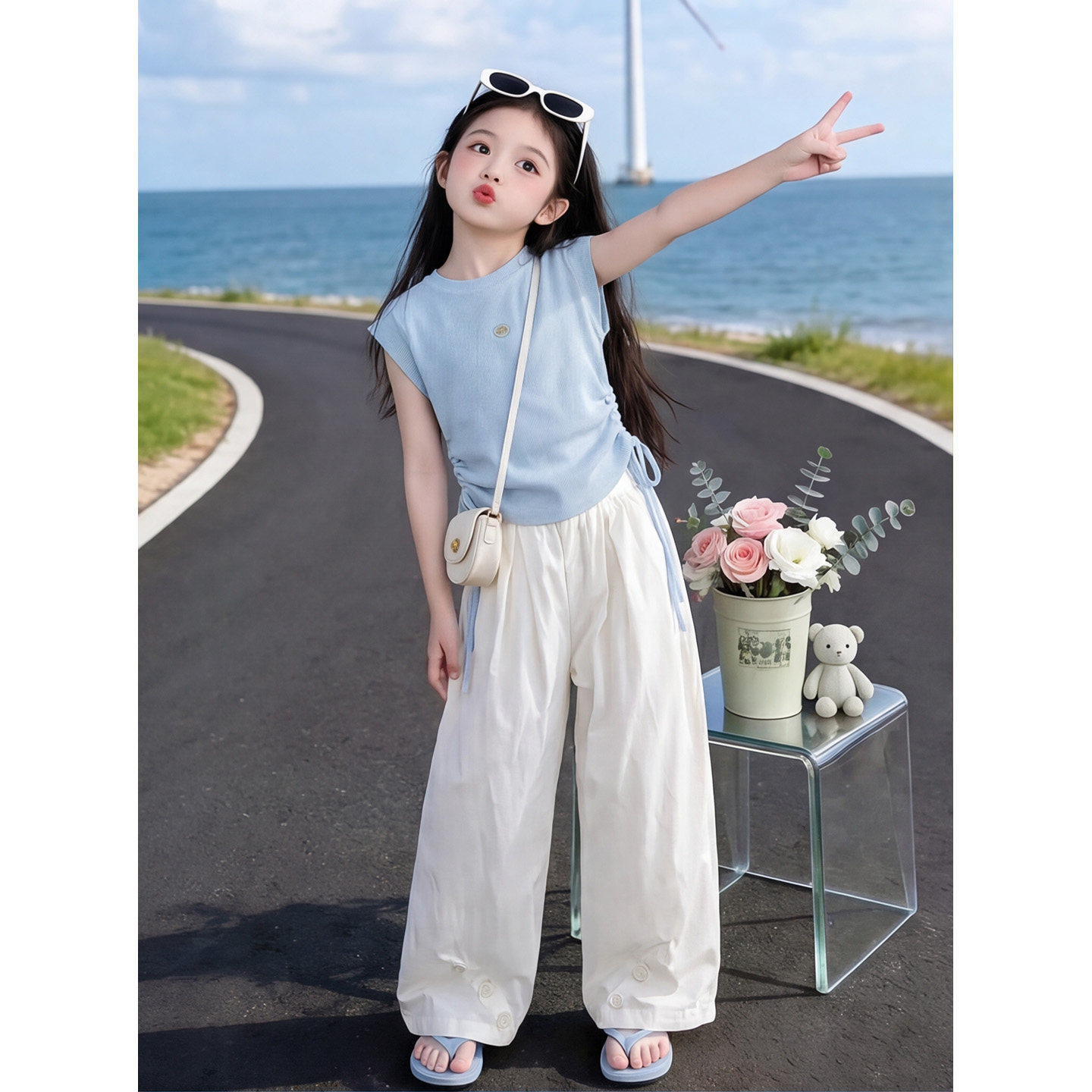 女童冰丝针织抽绳背心中大童韩系