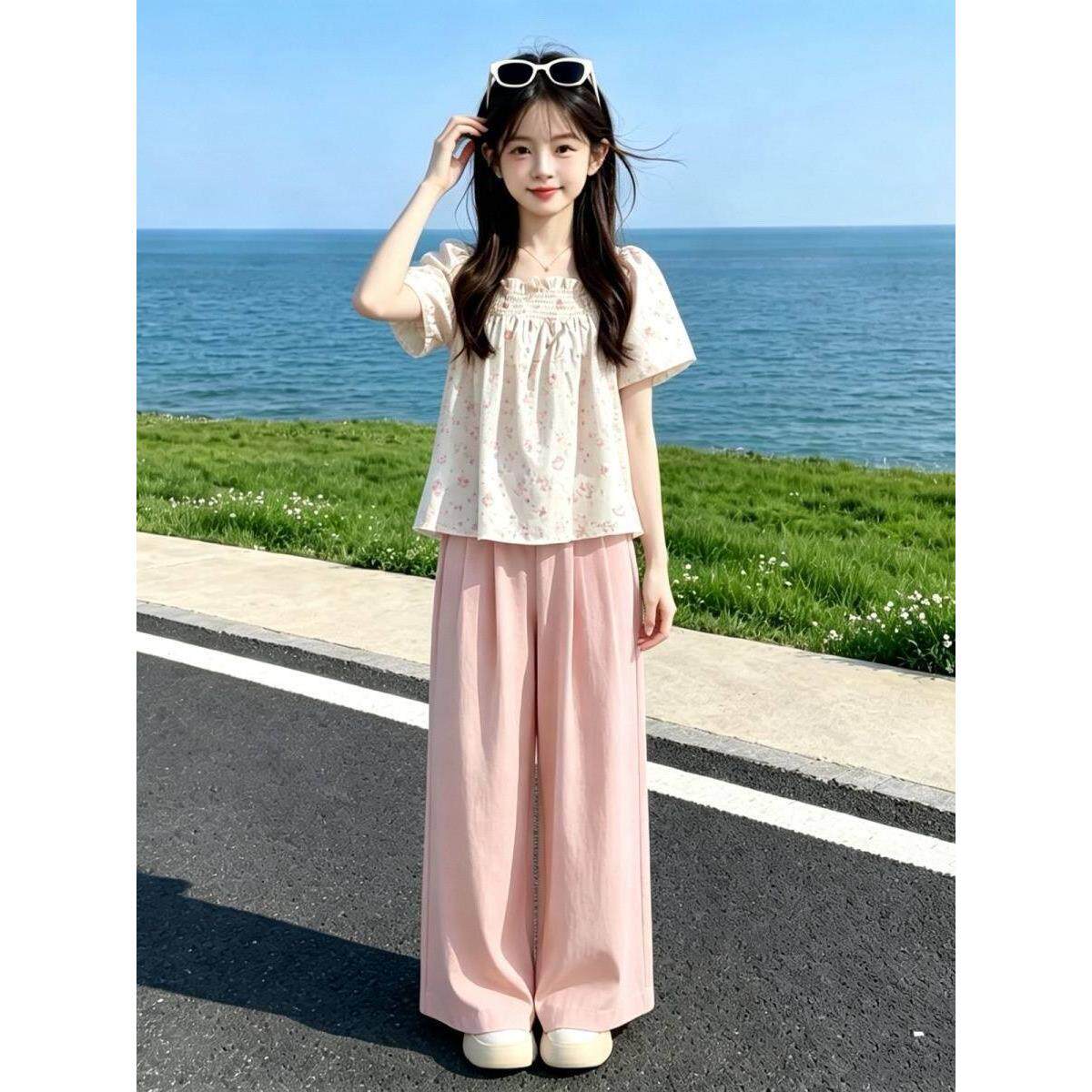 女大童夏季休闲套装2026新款儿童韩版洋气碎花上衣阔腿裤两件套潮