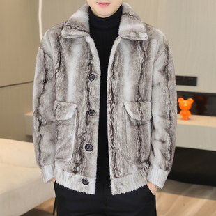 翻领貂毛夹克男冬季 潮流两面穿皮毛一体皮草外套上衣 加厚保暖时尚