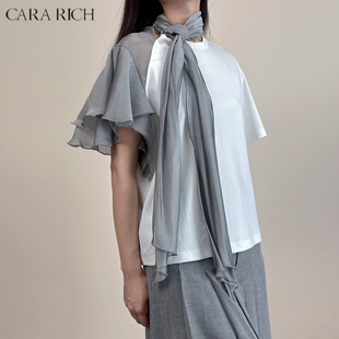 CARARICH飘带领短袖廓形T恤2026春夏系带短袖T恤女设计感小众上衣