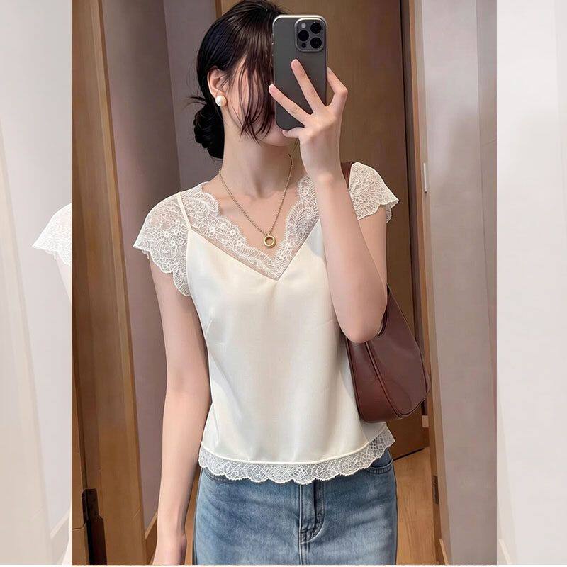 真丝V领蕾丝拼接短袖上衣女